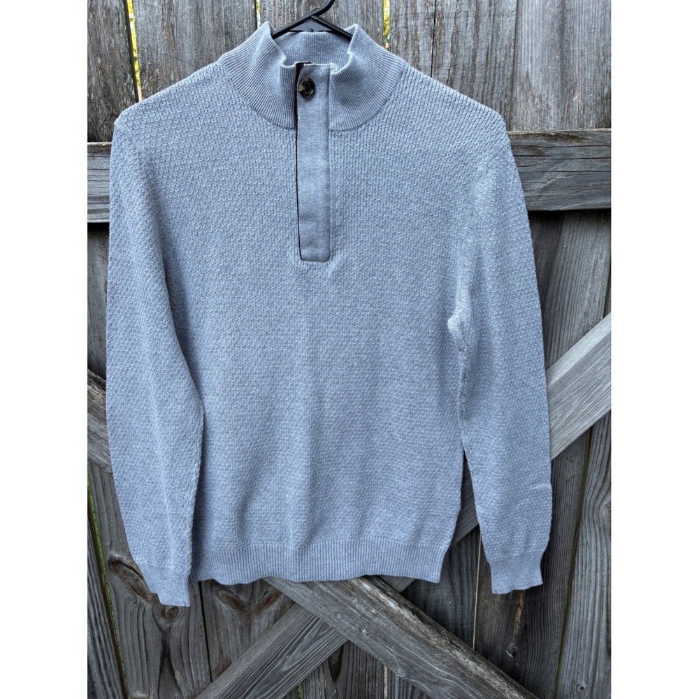 Tasso Elba Mens Supima Cotton Quarter Zip Sweater Grey Textured Knit Small